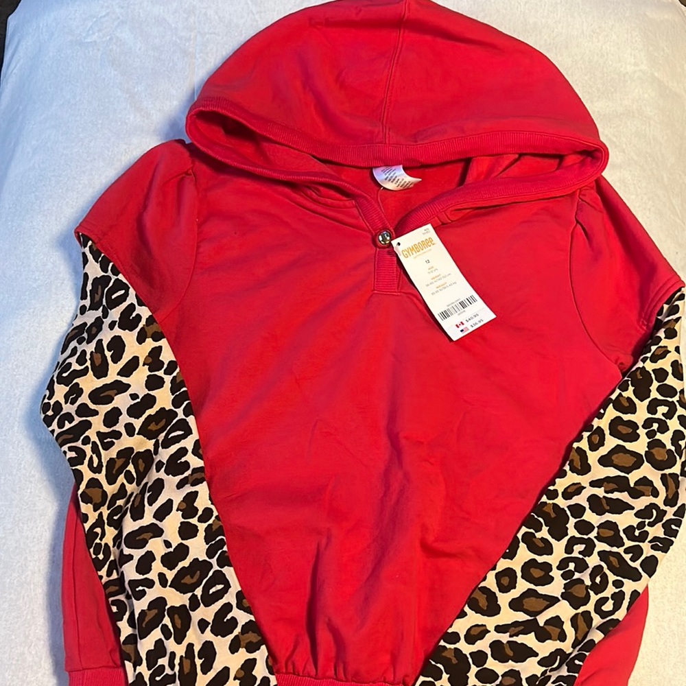 NWT Gymboree “sweatshirt” hooded dress with leopard sleeves and cinched waist.